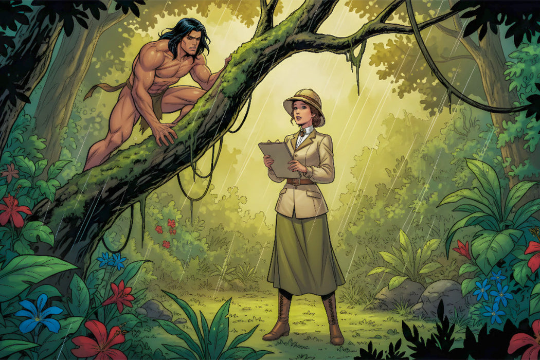 Premium Textil-Leinwand Tarzan begegnet erstmals der schönen Jane