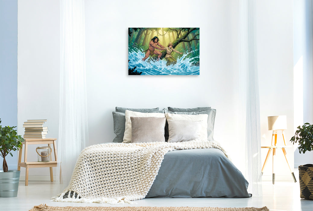 Premium Textil-Leinwand Tarzan beschützt Jane vor Stromschnellen