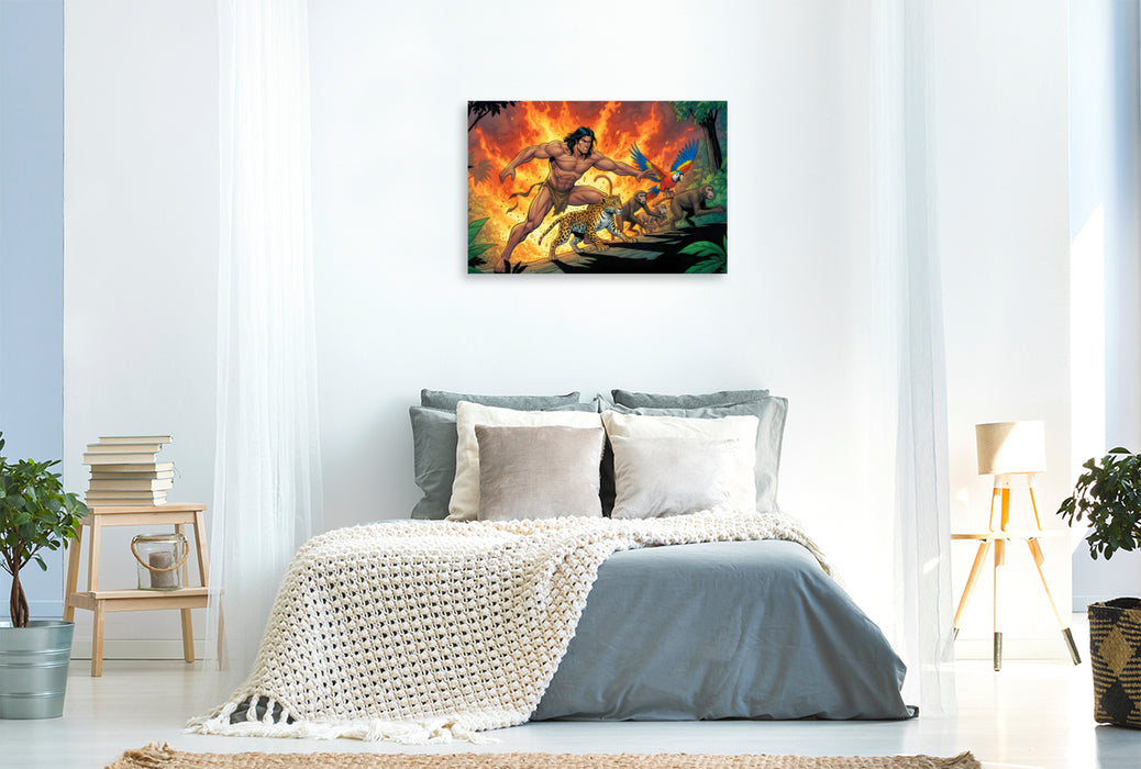 Premium Textil-Leinwand Tarzan rettet Tiere vor Feuerflammen
