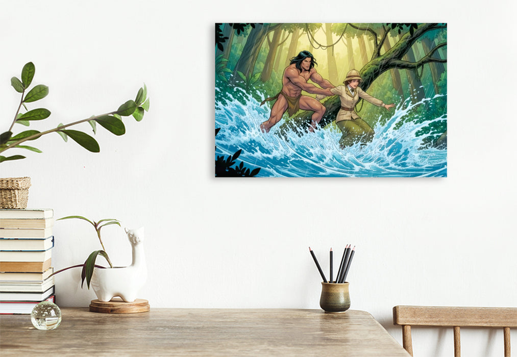 Premium Textil-Leinwand Tarzan beschützt Jane vor Stromschnellen