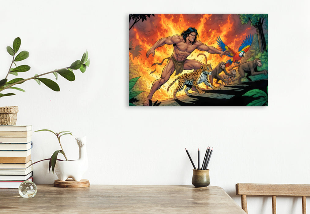 Premium Textil-Leinwand Tarzan rettet Tiere vor Feuerflammen