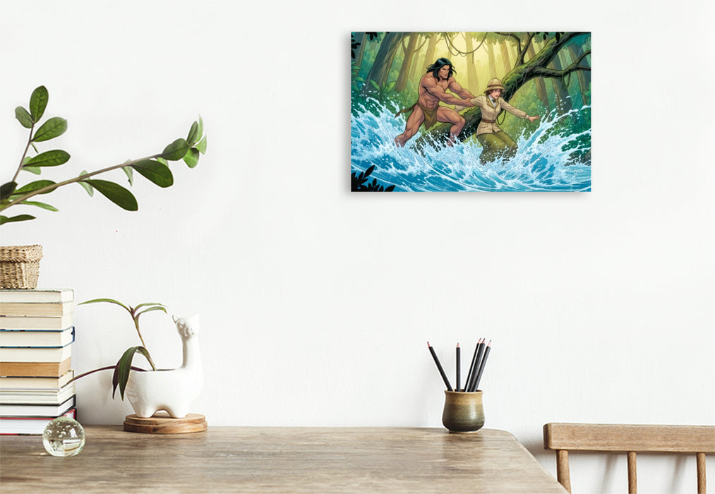 Premium Textil-Leinwand Tarzan beschützt Jane vor Stromschnellen