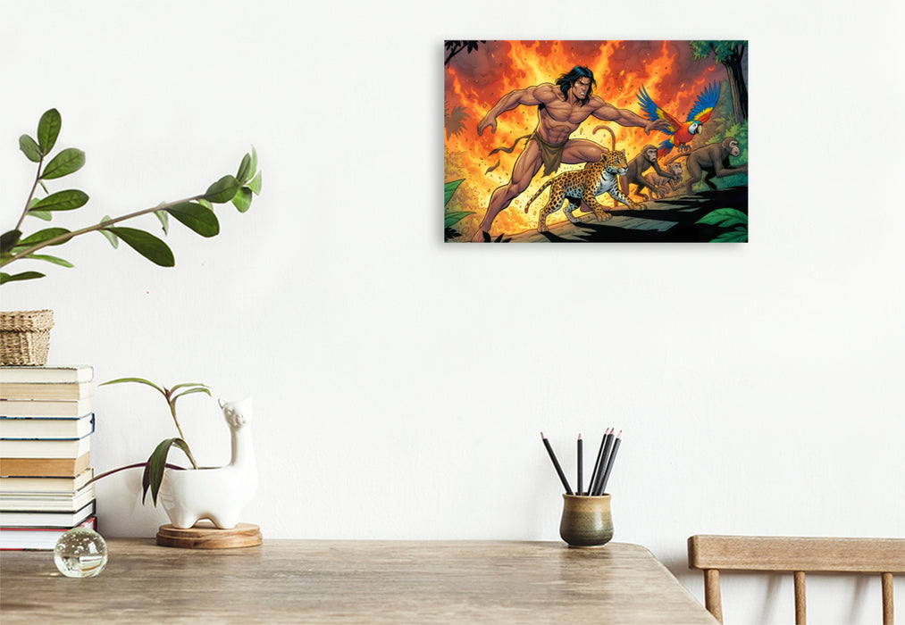 Premium Textil-Leinwand Tarzan rettet Tiere vor Feuerflammen