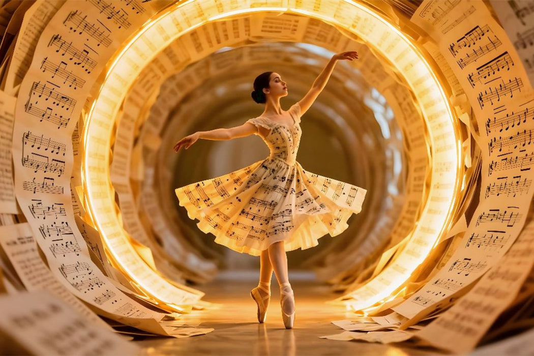 Premium Textil-Leinwand Ballerina im Notentunnel - Der erste Klang