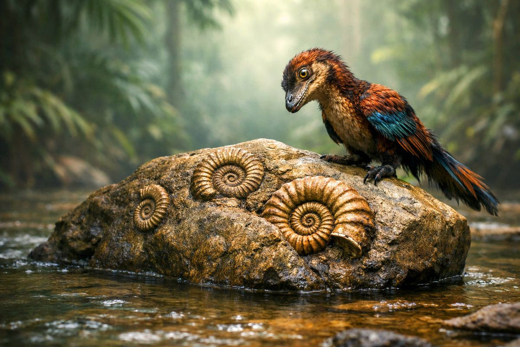 Premium Textil-Leinwand Ein eigentlich ausgestorbener Archaeopteryx findet versteinerte Ammoniten
