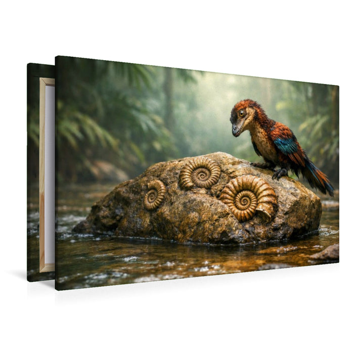 Premium Textil-Leinwand Ein eigentlich ausgestorbener Archaeopteryx findet versteinerte Ammoniten
