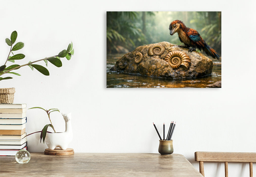 Premium Textil-Leinwand Ein eigentlich ausgestorbener Archaeopteryx findet versteinerte Ammoniten