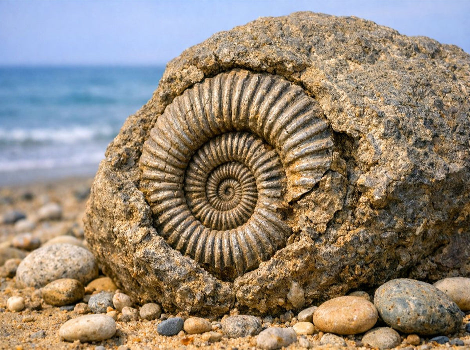 Ammonit im Stein am Strand - CALVENDO Foto-Puzzle'