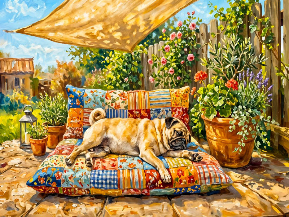 Mops entspannt gemütlich auf Kissen auf Terrasse Puzzle - CALVENDO Foto-Puzzle'