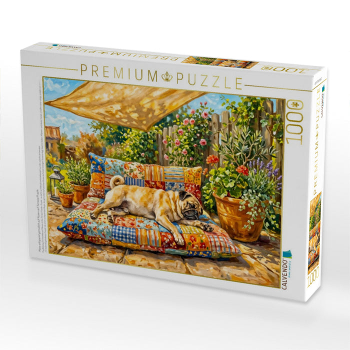 Mops entspannt gemütlich auf Kissen auf Terrasse Puzzle - CALVENDO Foto-Puzzle'