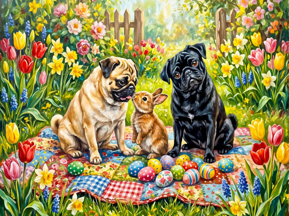 Zwei Möpse im fröhlichen Oster-Gartenpuzzle - CALVENDO Foto-Puzzle'
