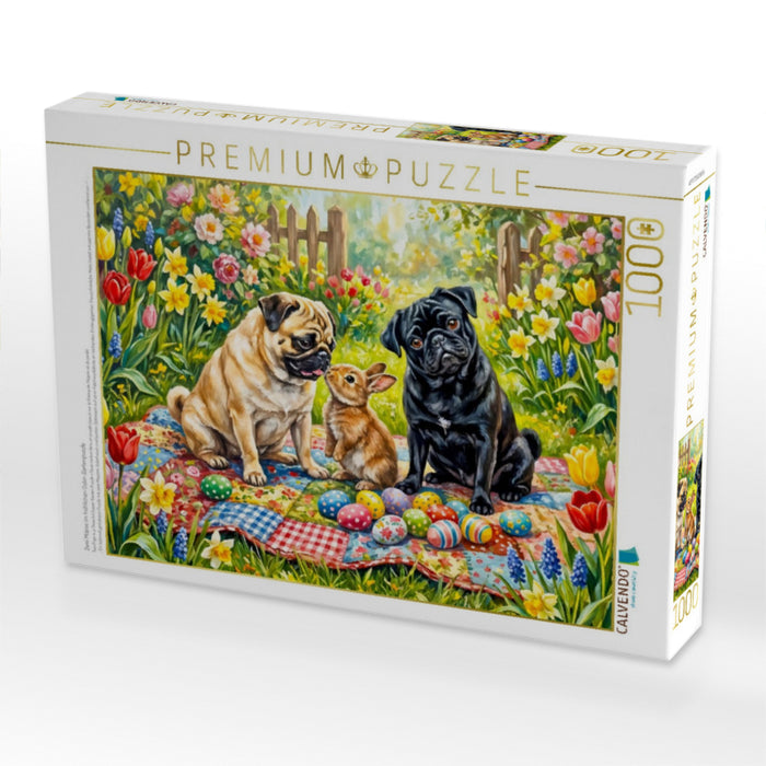 Zwei Möpse im fröhlichen Oster-Gartenpuzzle - CALVENDO Foto-Puzzle'