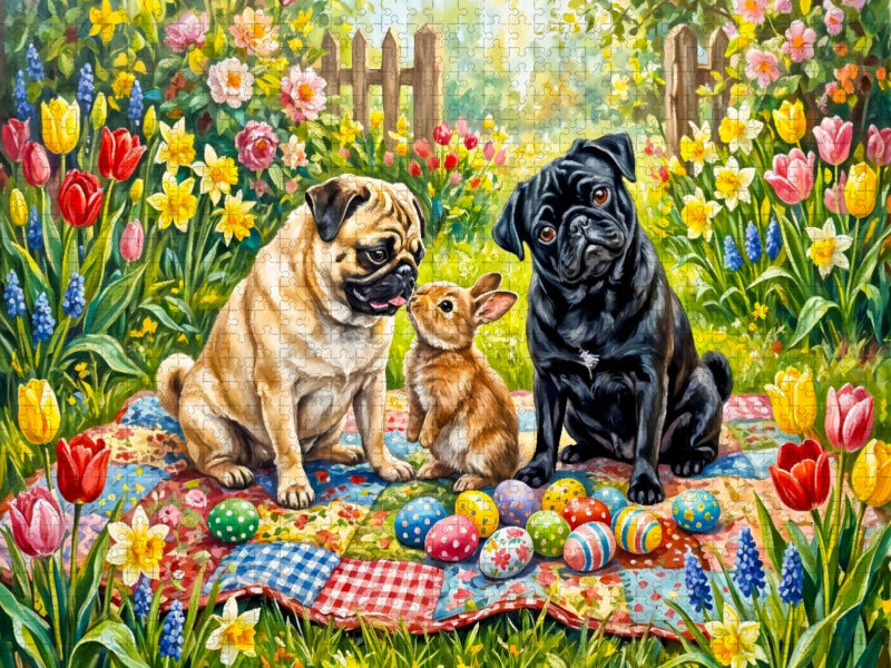 Zwei Möpse im fröhlichen Oster-Gartenpuzzle - CALVENDO Foto-Puzzle'