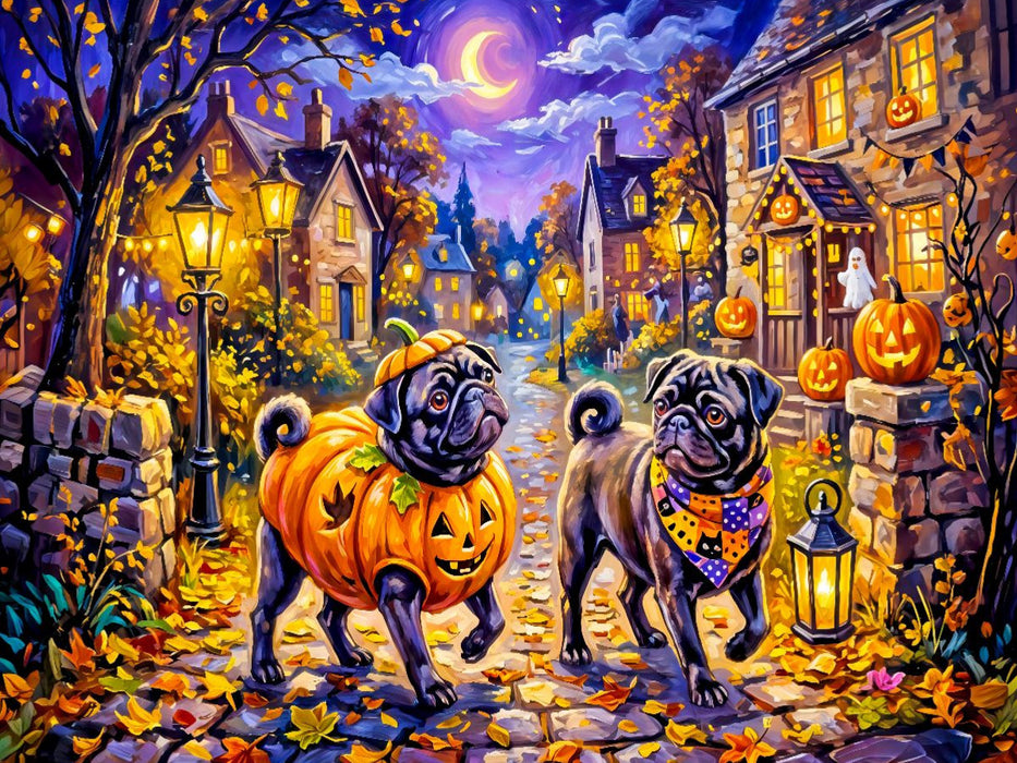 Möpse auf fröhlicher Halloween-Rundtour Puzzle - CALVENDO Foto-Puzzle'