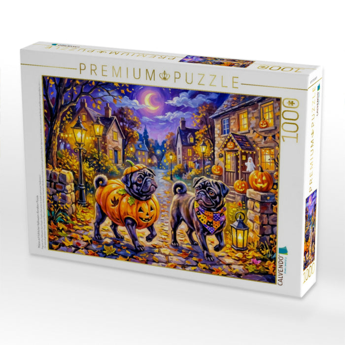 Möpse auf fröhlicher Halloween-Rundtour Puzzle - CALVENDO Foto-Puzzle'