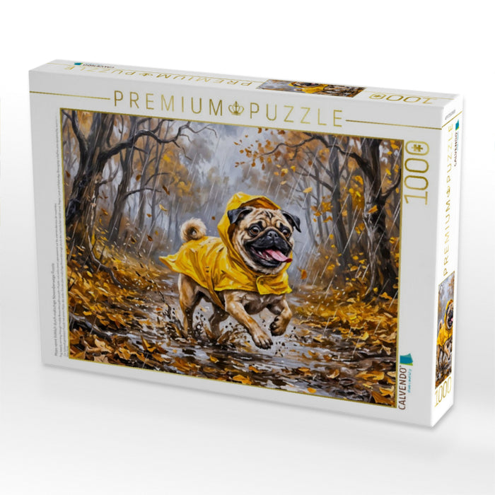 Mops rennt fröhlich durch matschige Novemberwege Puzzle - CALVENDO Foto-Puzzle'