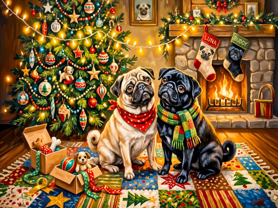 Zwei Möpse feiern Weihnachten mit ihren Geschenken Puzzle - CALVENDO Foto-Puzzle'