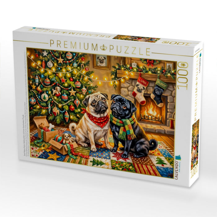 Zwei Möpse feiern Weihnachten mit ihren Geschenken Puzzle - CALVENDO Foto-Puzzle'