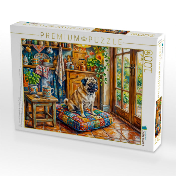 Mops entspannt auf Kissen und blickt in Garten Puzzle - CALVENDO Foto-Puzzle'
