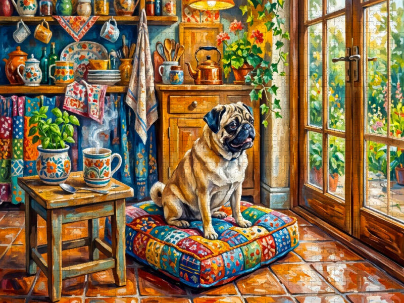 Mops entspannt auf Kissen und blickt in Garten Puzzle - CALVENDO Foto-Puzzle'