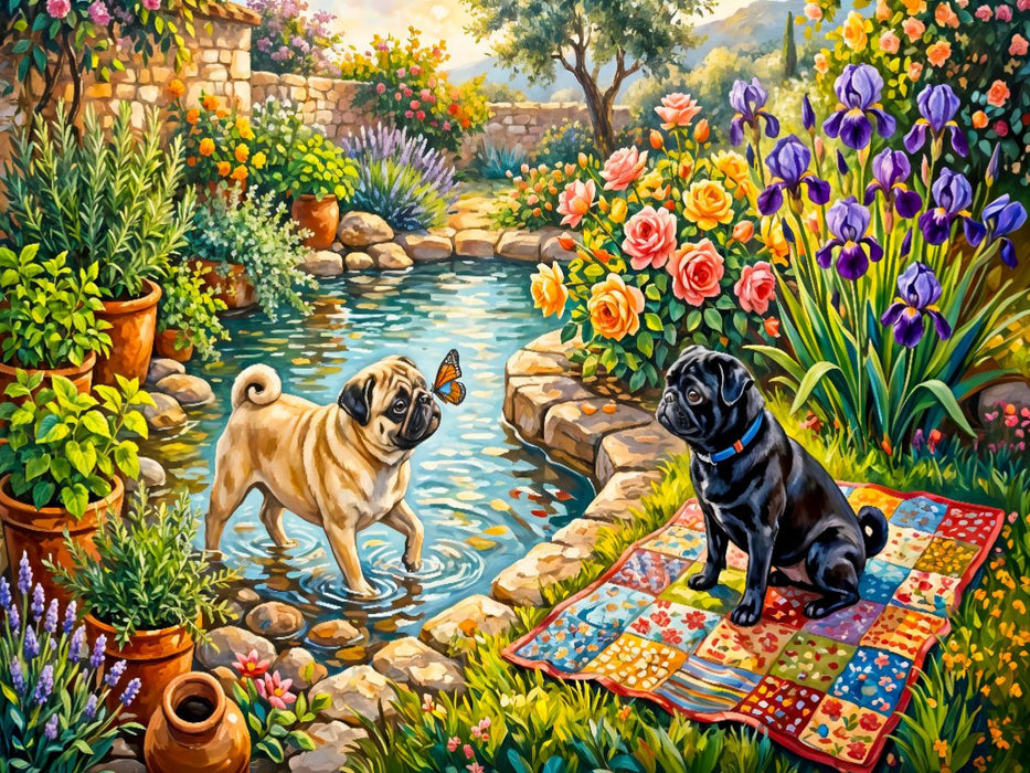 Zwei Möpse am blühenden Cottage-Gartenteich Puzzle - CALVENDO Foto-Puzzle'