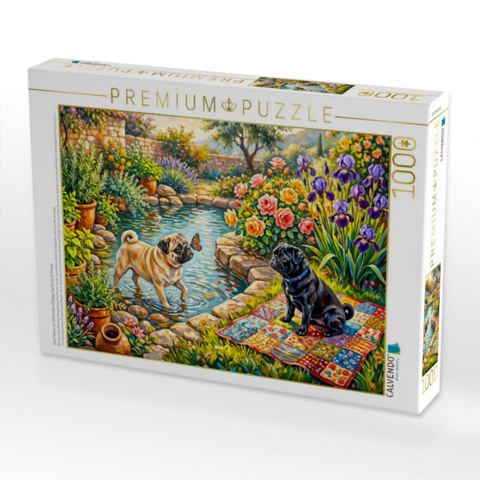 Zwei Möpse am blühenden Cottage-Gartenteich Puzzle - CALVENDO Foto-Puzzle'