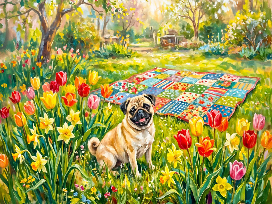 Mops im blühenden Frühlingsgarten auf Patchworkdecke Puzzle - CALVENDO Foto-Puzzle'