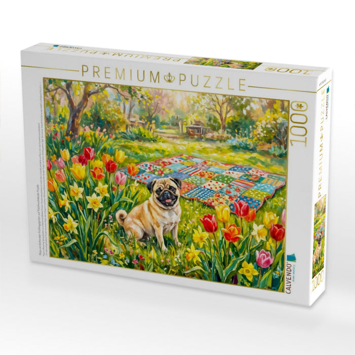 Mops im blühenden Frühlingsgarten auf Patchworkdecke Puzzle - CALVENDO Foto-Puzzle'