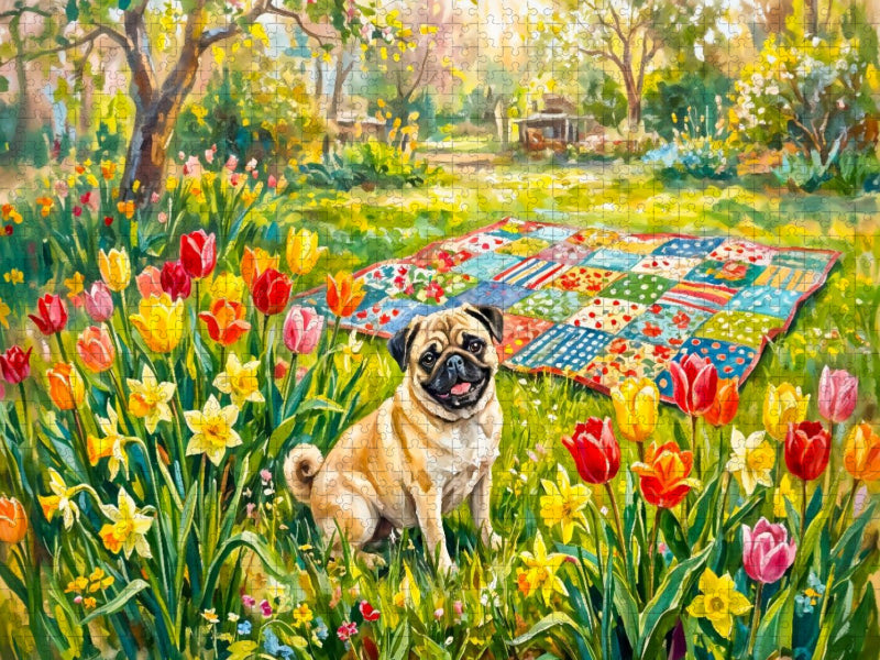 Mops im blühenden Frühlingsgarten auf Patchworkdecke Puzzle - CALVENDO Foto-Puzzle'
