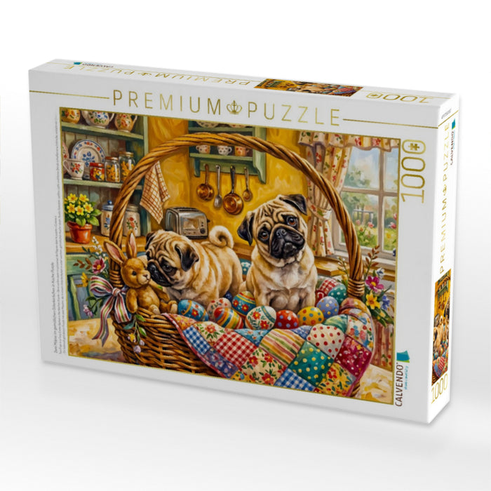 Zwei Möpse im gemütlichen Osterkörbchen in Küche Puzzle - CALVENDO Foto-Puzzle'