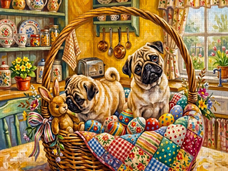 Zwei Möpse im gemütlichen Osterkörbchen in Küche Puzzle - CALVENDO Foto-Puzzle'