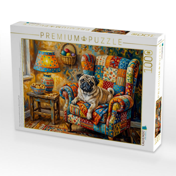 Mops entspannt gemütlich im bunten Ohrensessel Puzzle - CALVENDO Foto-Puzzle'
