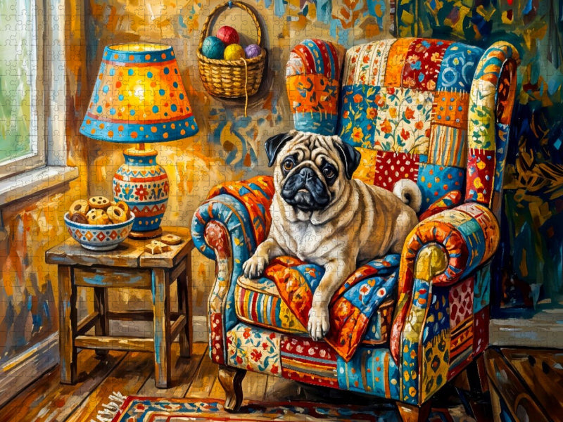Mops entspannt gemütlich im bunten Ohrensessel Puzzle - CALVENDO Foto-Puzzle'