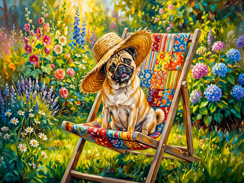 Mops im Gartenstuhl mit Strohhut am Blumenbeet Puzzle - CALVENDO Foto-Puzzle'
