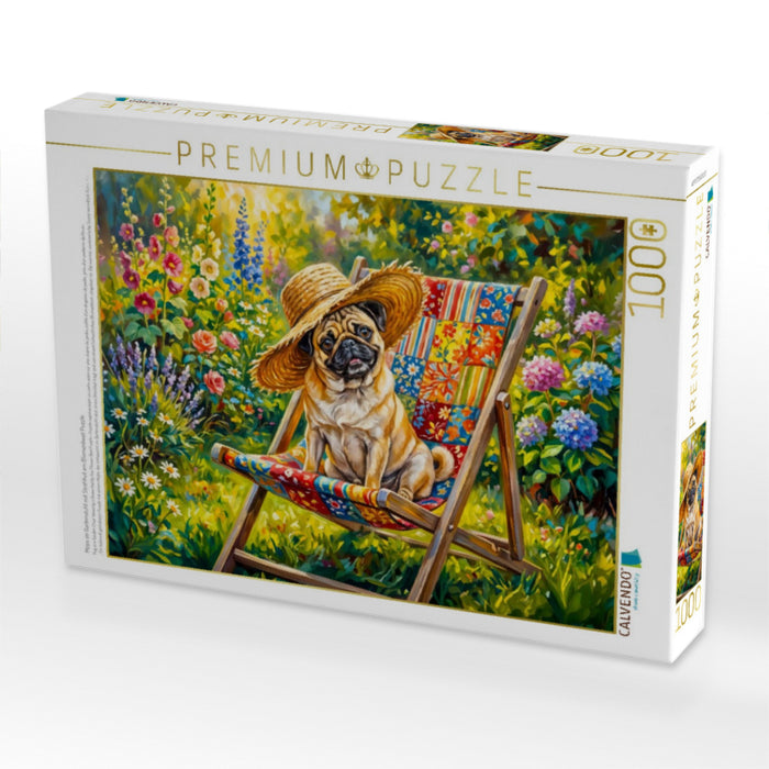 Mops im Gartenstuhl mit Strohhut am Blumenbeet Puzzle - CALVENDO Foto-Puzzle'