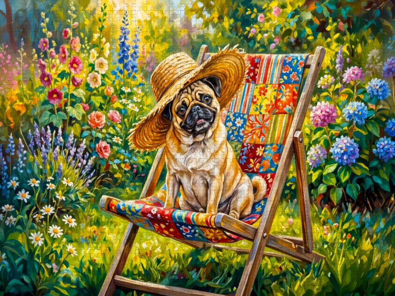 Mops im Gartenstuhl mit Strohhut am Blumenbeet Puzzle - CALVENDO Foto-Puzzle'
