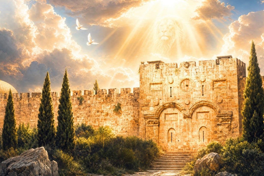 Premium Textil-Leinwand Jerusalem Goldenes Tor mit Löwe von Judah