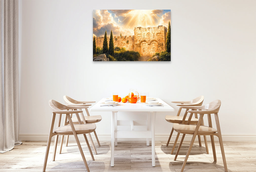 Premium Textil-Leinwand Jerusalem Goldenes Tor mit Löwe von Judah