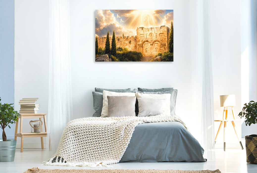 Premium Textil-Leinwand Jerusalem Goldenes Tor mit Löwe von Judah