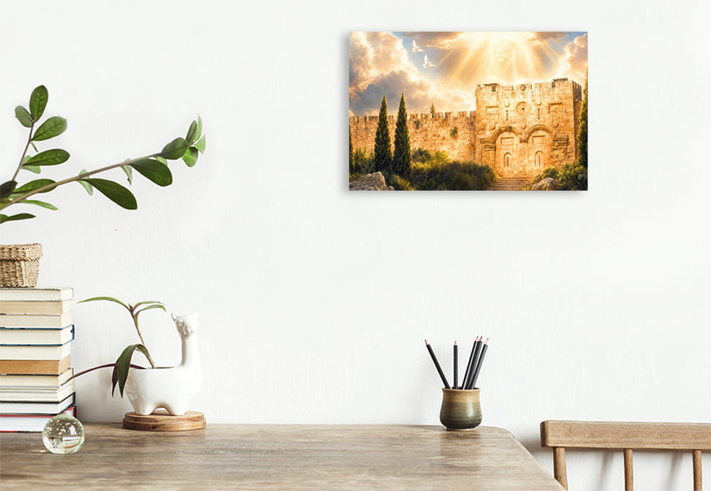Premium Textil-Leinwand Jerusalem Goldenes Tor mit Löwe von Judah