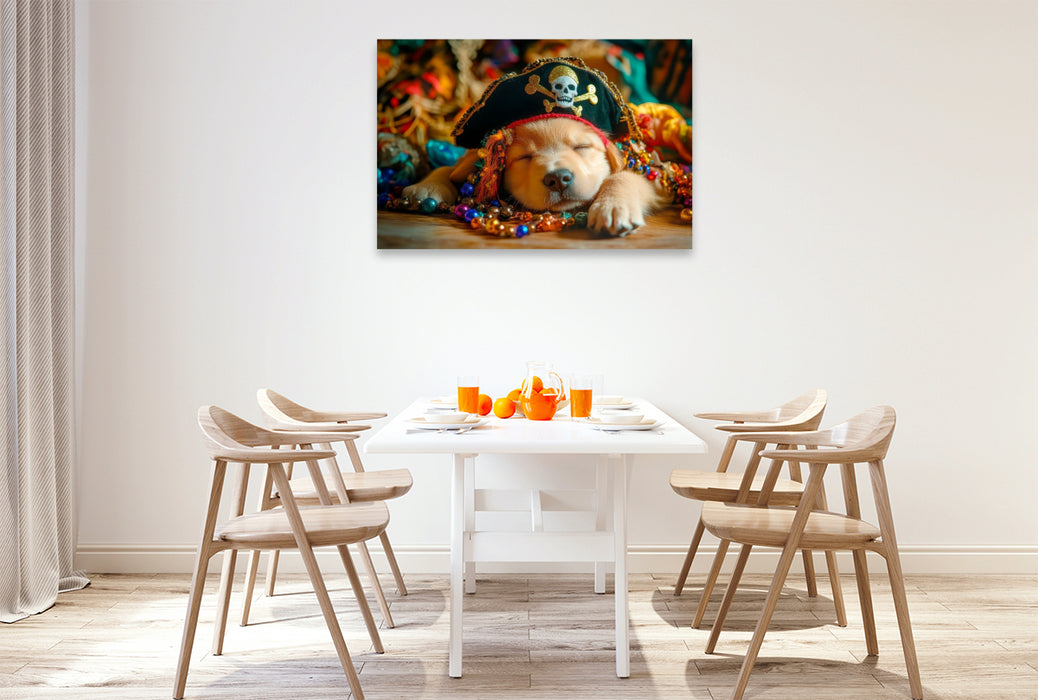 Premium Textil-Leinwand Golden-Retriever-Pirat im Land der Träume