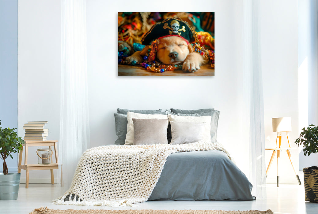 Premium Textil-Leinwand Golden-Retriever-Pirat im Land der Träume