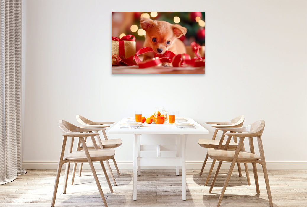 Premium Textil-Leinwand Weihnachtlicher Chihuahua Zauber auf vier Pfoten