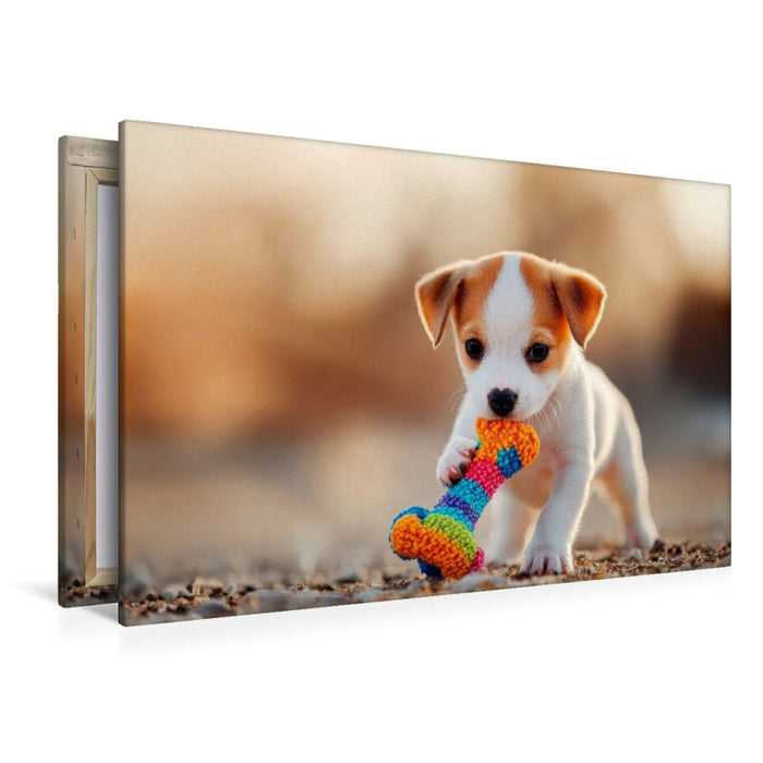 Premium Textil-Leinwand Jack Russell Terrier Welpe mit seinem Lieblingsspielzeug