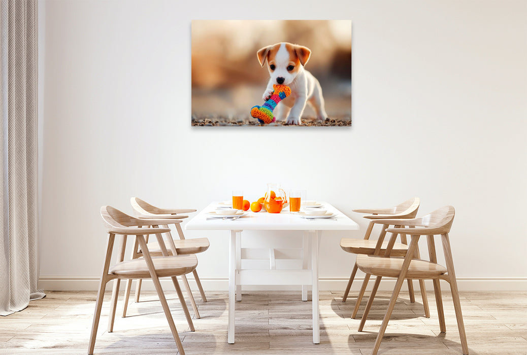 Premium Textil-Leinwand Jack Russell Terrier Welpe mit seinem Lieblingsspielzeug