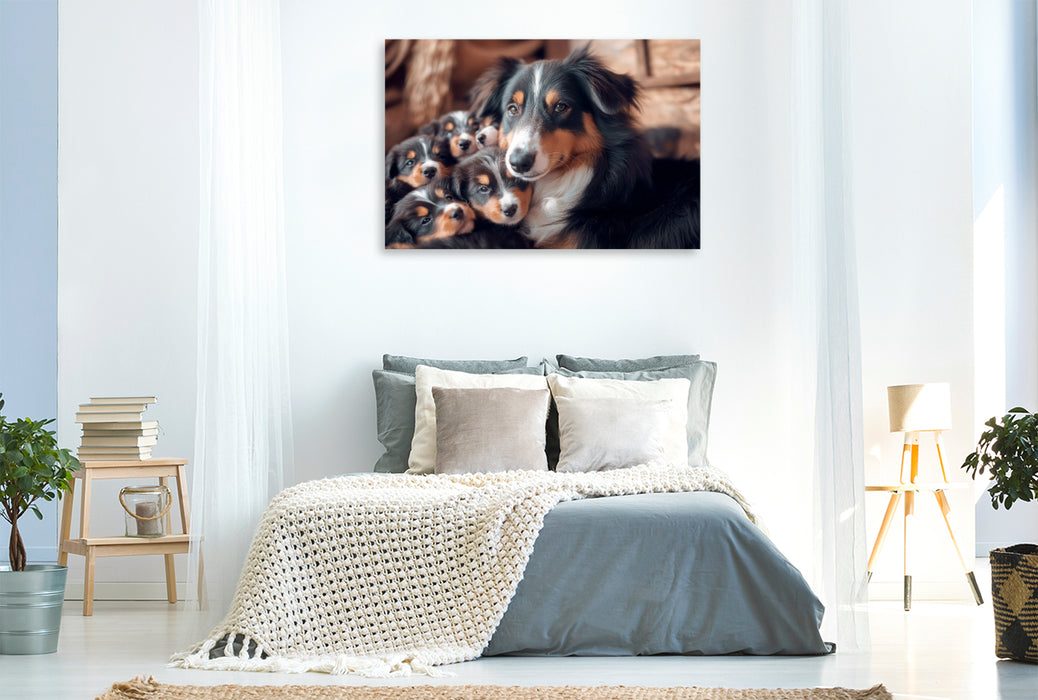 Premium Textil-Leinwand Niedliche Australian Shepherd Familie