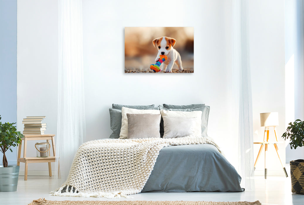 Premium Textil-Leinwand Jack Russell Terrier Welpe mit seinem Lieblingsspielzeug