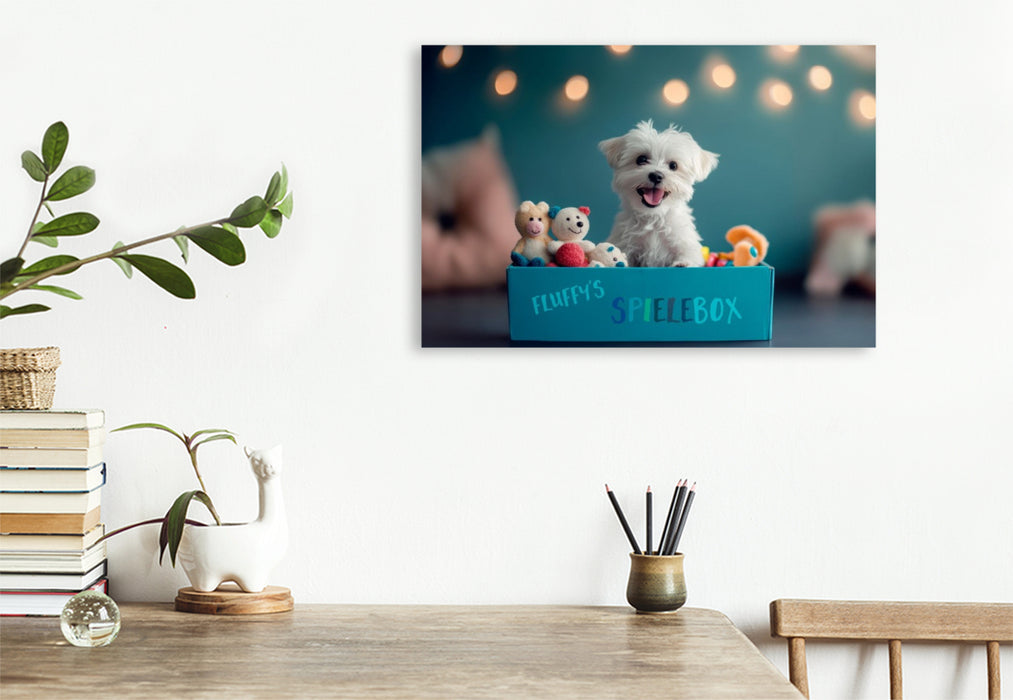 Premium Textil-Leinwand Malteserwelpe in der Spielebox