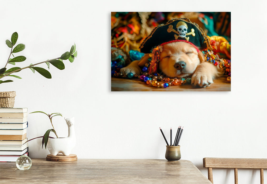 Premium Textil-Leinwand Golden-Retriever-Pirat im Land der Träume
