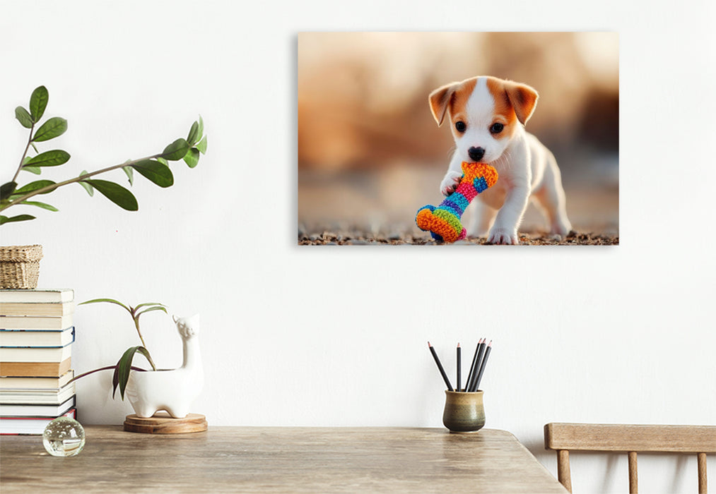 Premium Textil-Leinwand Jack Russell Terrier Welpe mit seinem Lieblingsspielzeug